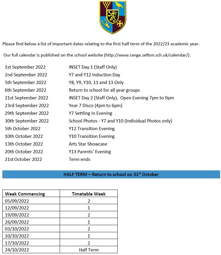 Calendar 2022 Key Dates for September and October 2022 Range High