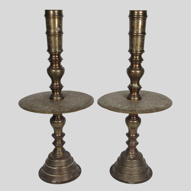 Large Pair of Vintage/Antique Indian Etched Brass Candlesticks