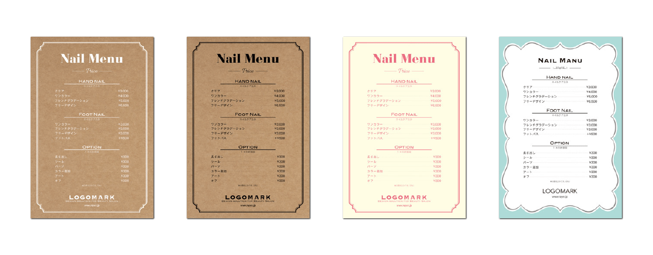 ネイル・エステ・その他メニュー表をデザインします サイズ自由・修正回数無制限・納品後の修正1000円〜対応 | メニュー・Popデザイン | ココナラ メニュー表｜かわいい！おしゃれメニュー表&価格表の作成！＼(^O^)／