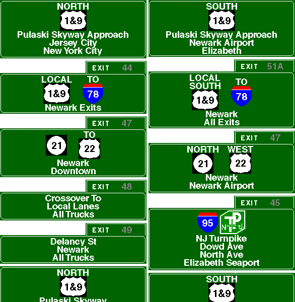 Exit list for the Pulaski Skyway Approach (US 1&9)