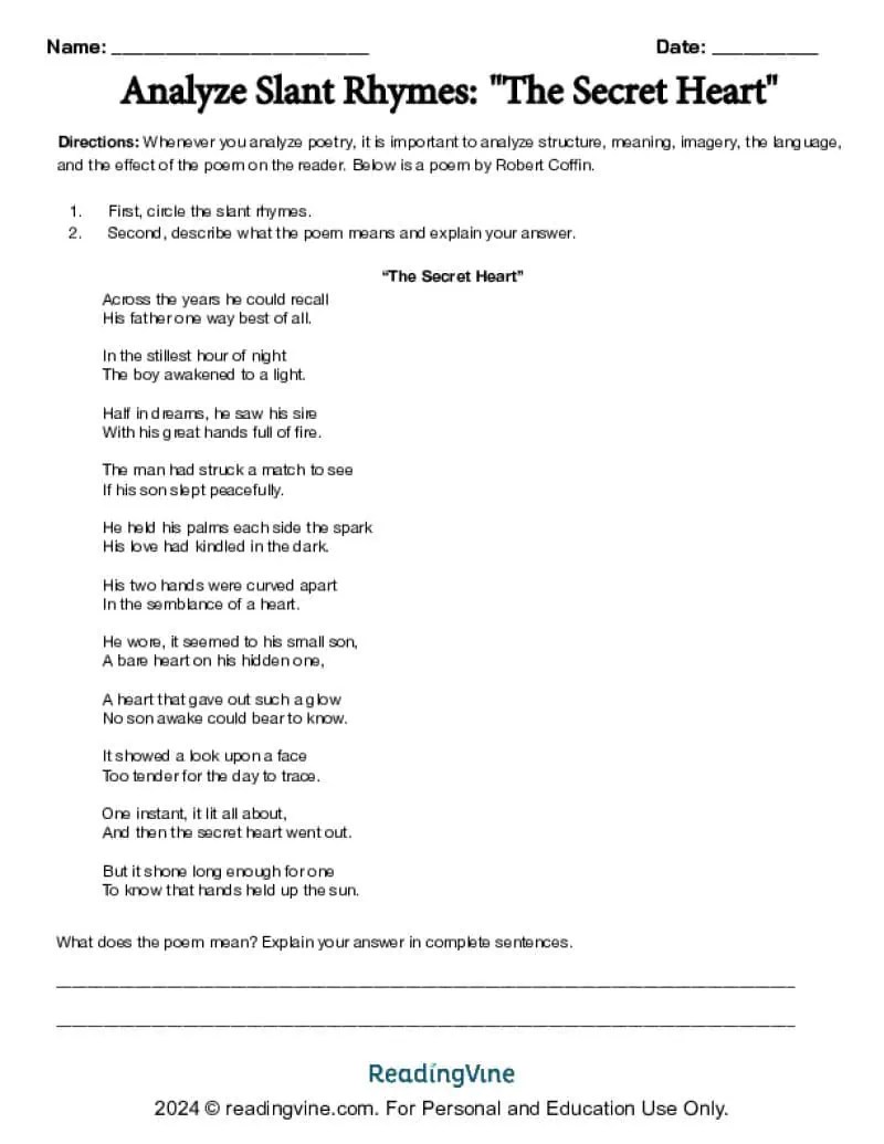 Slant Rhyme Examples and Activities ReadingVine