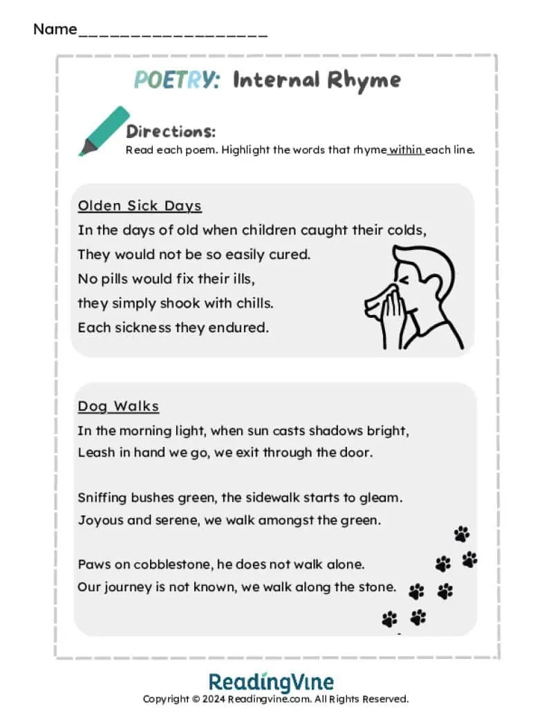 Internal Rhyme Examples and Activities ReadingVine