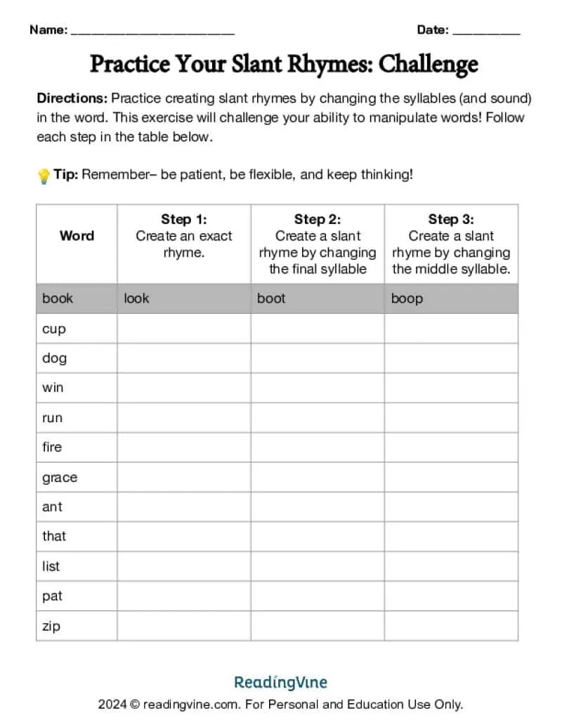 Slant Rhyme Examples and Activities ReadingVine