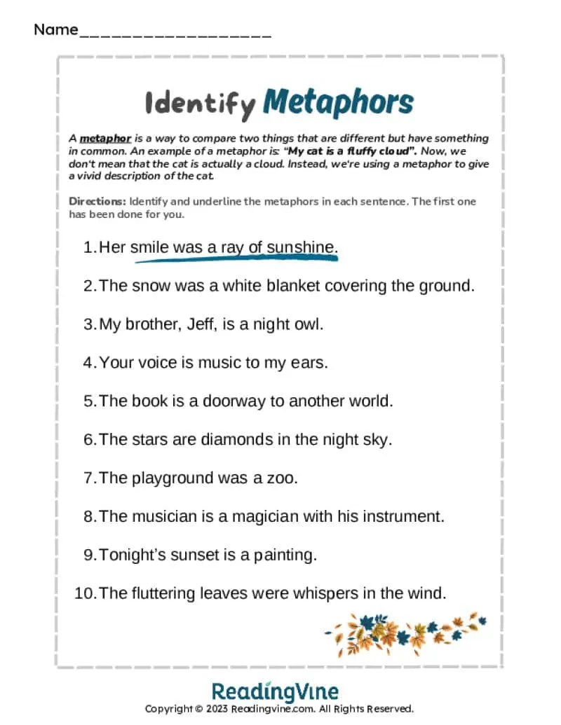 Metaphor Worksheets - ReadingVine