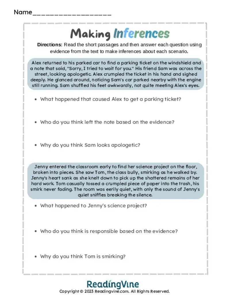 Inference Worksheets - ReadingVine