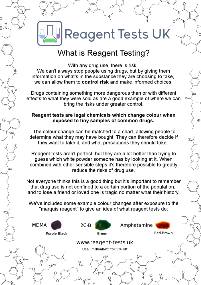 100 x MDMA Harm Reduction Advice Leaflet Reagent Tests UK