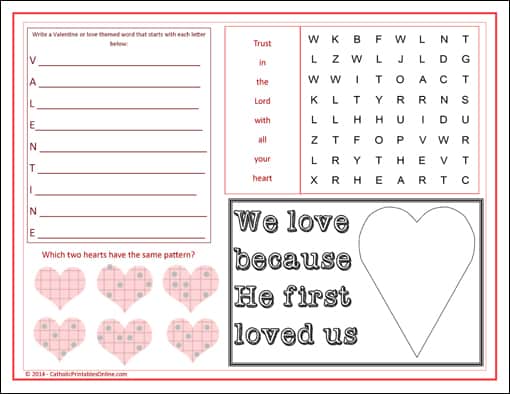 st valentines day activity page placemat printable