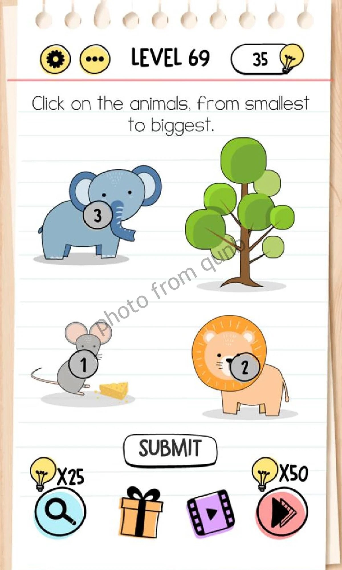 Brain Test Level 69 Click on the animals, from smallest to biggest