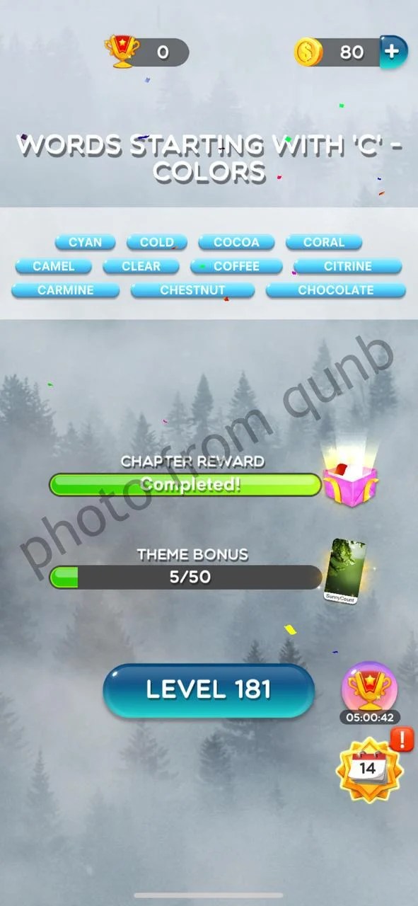 Word Crush Level 180 Words Starting With ‘C’ Colors Answers