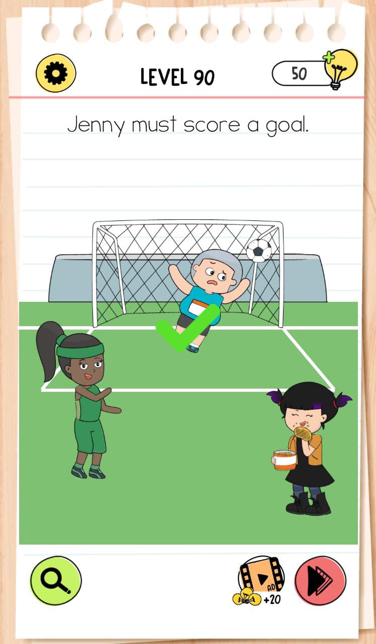 Brain Test 4 Level 90 Jenny must score a goal Answers and Solutions