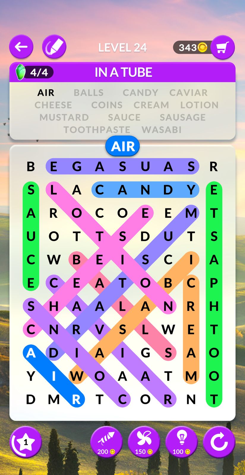 Wordscapes Search Level 24 In a tube Answers