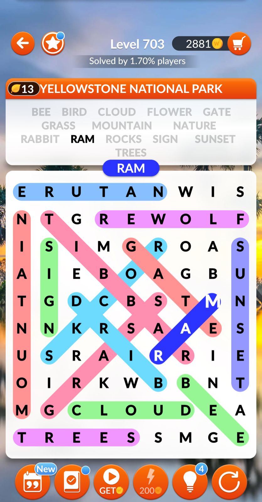 Word Search Explorer Level 703 Yellowstone National Park Answers