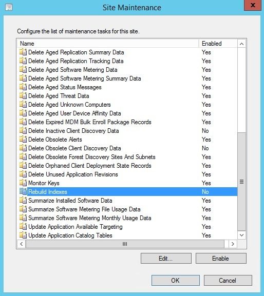 How to Enable the ConfigMgr Rebuild Indexes Site Maintenance Task