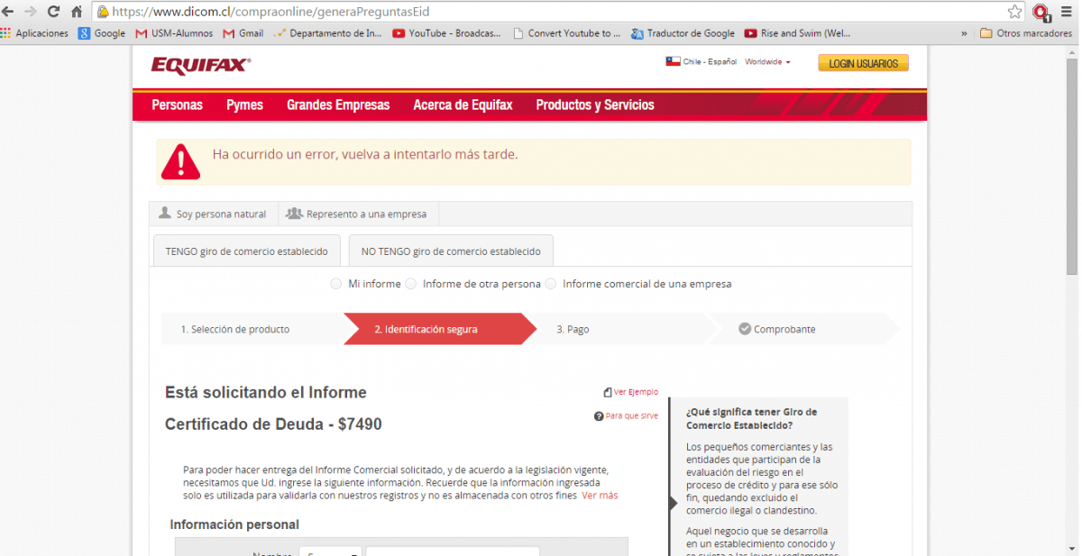 Equifax Ha Ocurrido Un Error, Vuelva A Intentarlo Más Tarde. RECLAMOS.CL