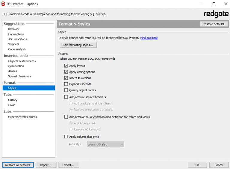 How to implement a SQL formatting standard using SQL Prompt v8