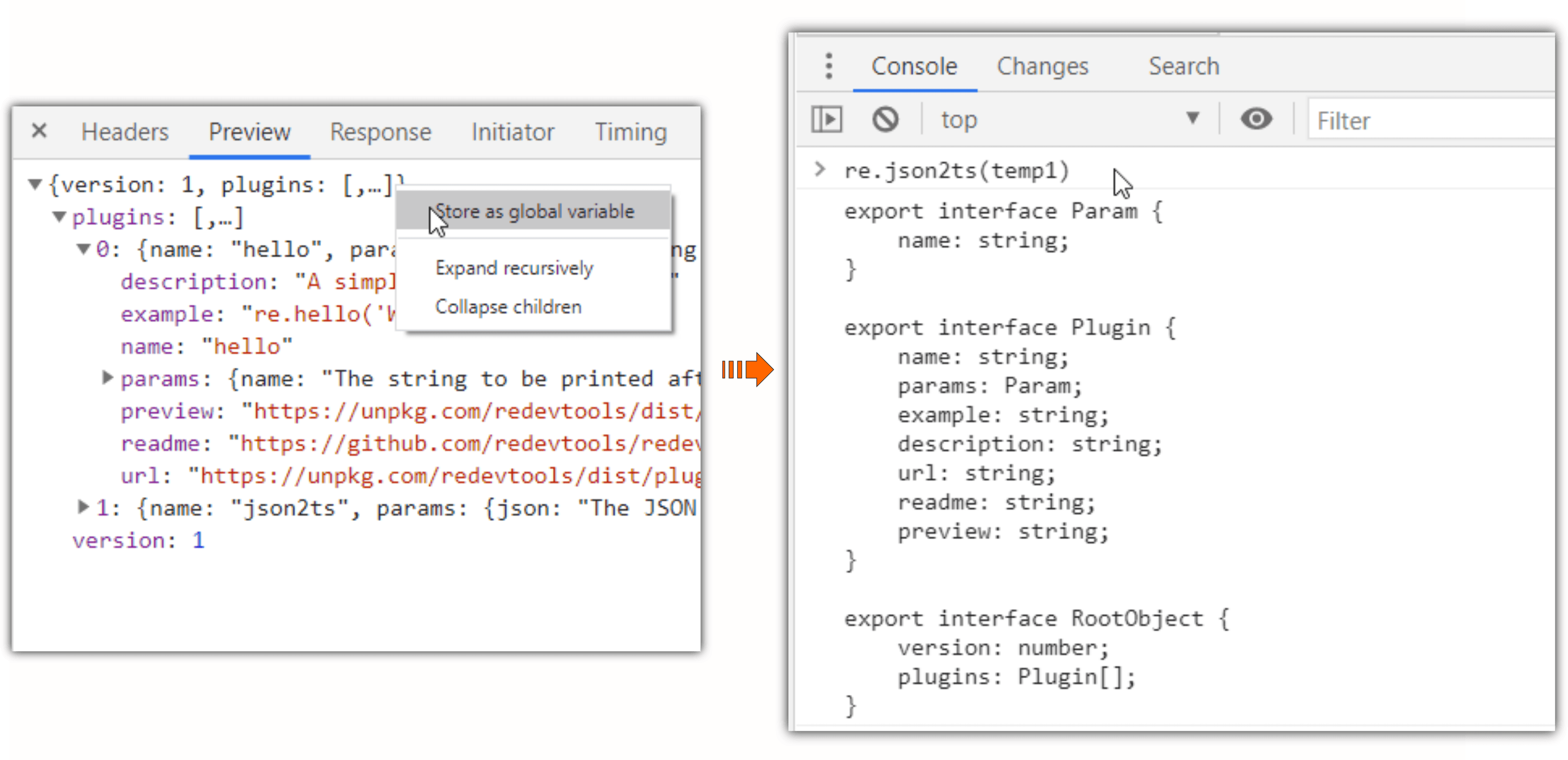 json2ts Convert a JSON object to a TypeScript interface… from the console ReDevTools