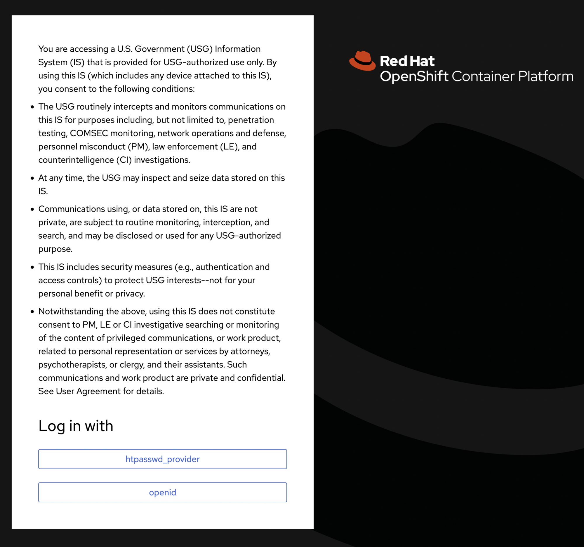 Customize OpenShift Login with US Government Banner