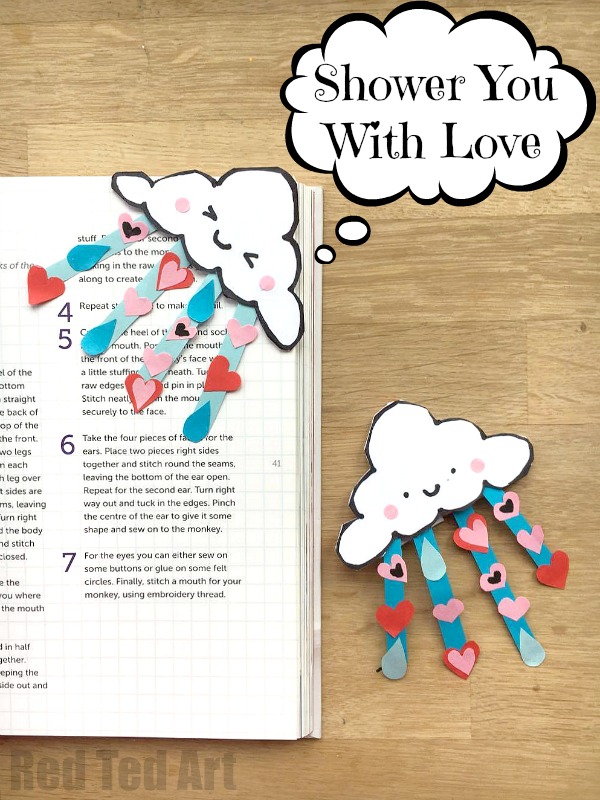"Shower You With Love" Valentines Corner Bookmark Red Ted Art Kids