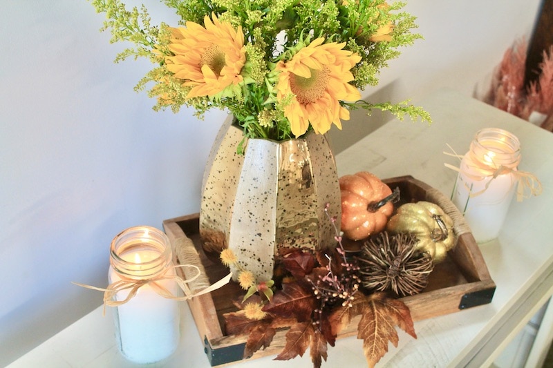 Simple Fall Kitchen Table Decor with Sunflowers and Pumpkins
