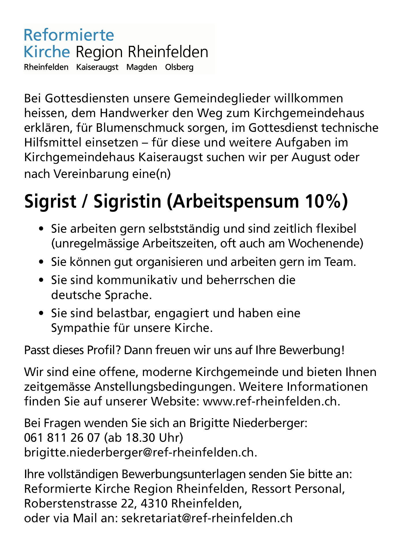 Offene Stelle bei uns, Reformierte Kirchgemeinde Rheinfelden