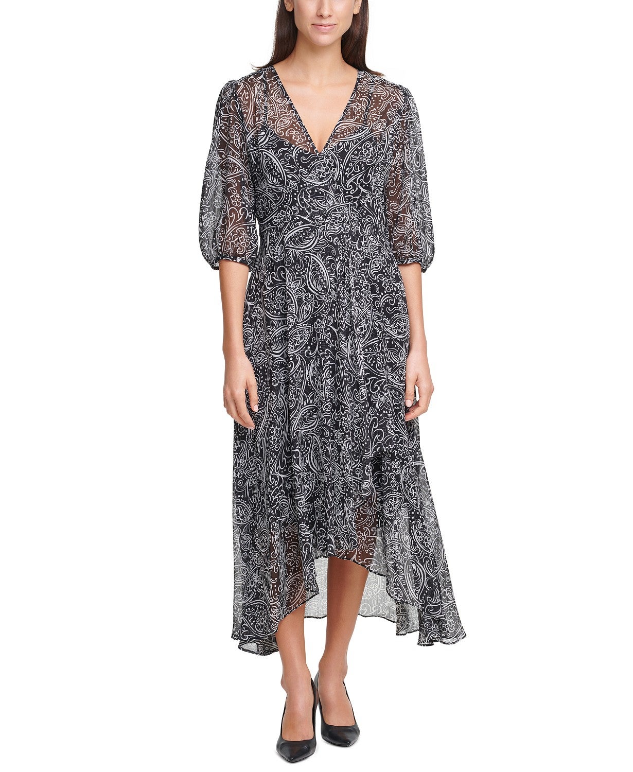 Calvin Klein + PaisleyPrint Chiffon Maxi Dress