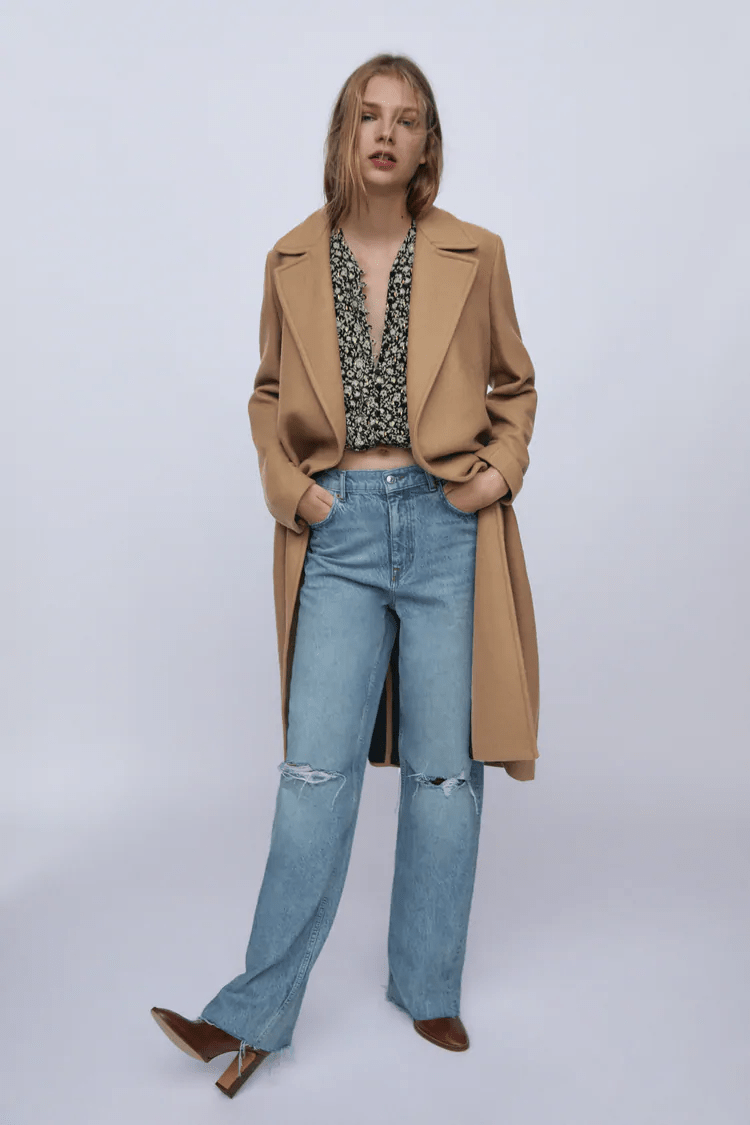 Zara + Belted Wool Blend Coat