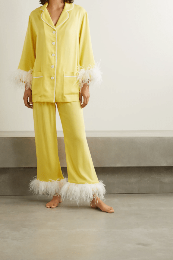 Sleeper + Party feathertrimmed crepe de chine pajama set