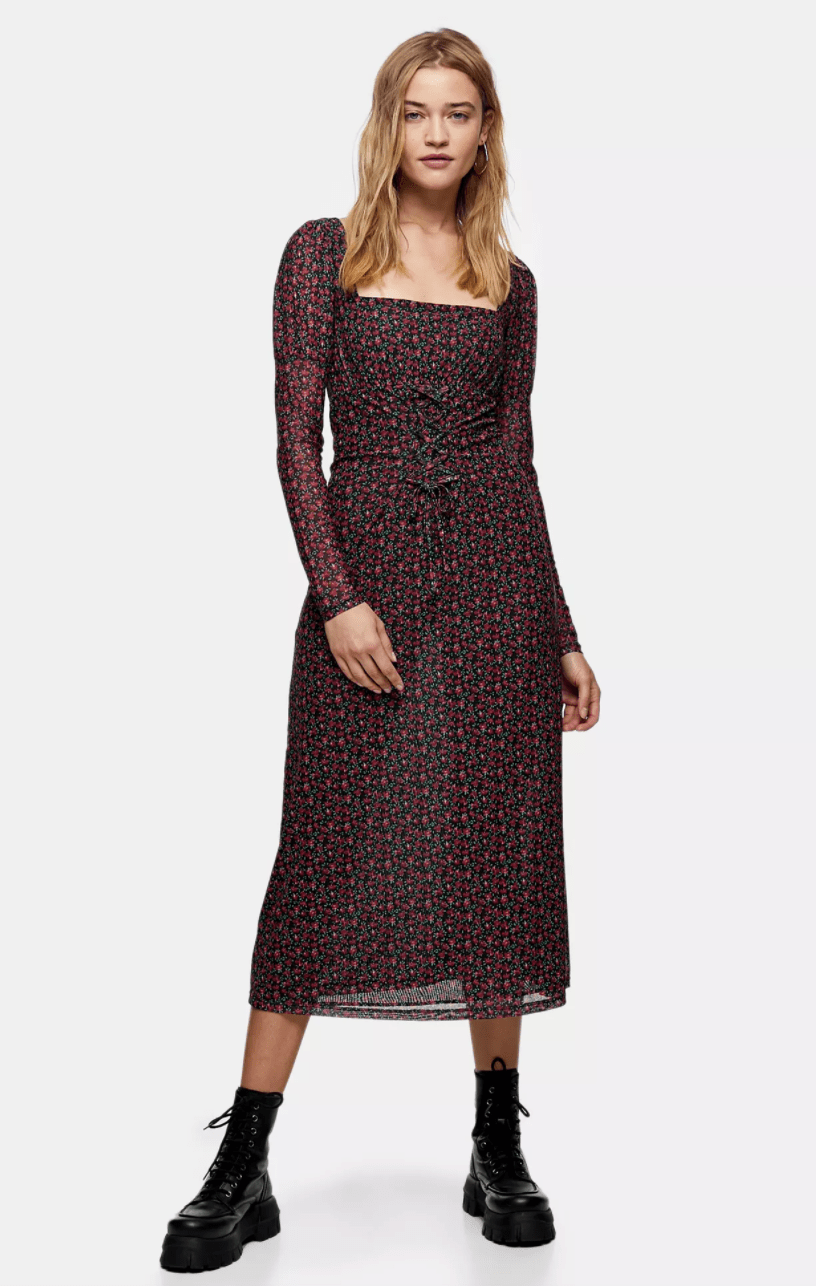 + Red Rose Print Lace Long Sleeve Midi Dress