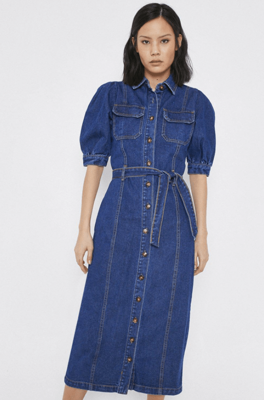 Warehouse + Denim Puff Sleeve Midi Dress