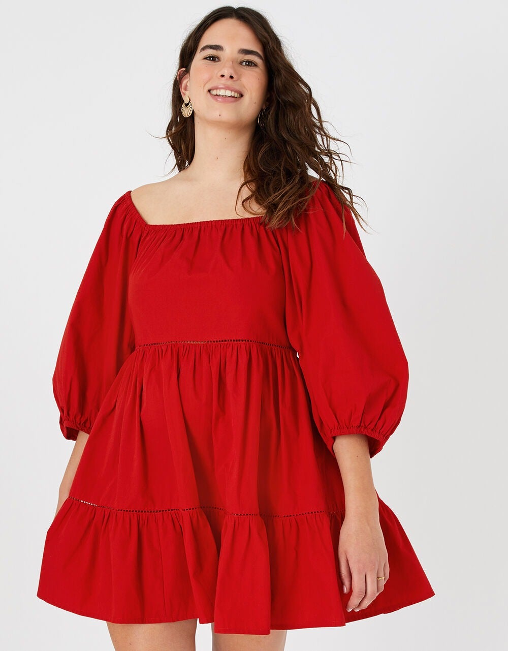 Accessorize + Puff Sleeve Dress in Organic Cotton Red