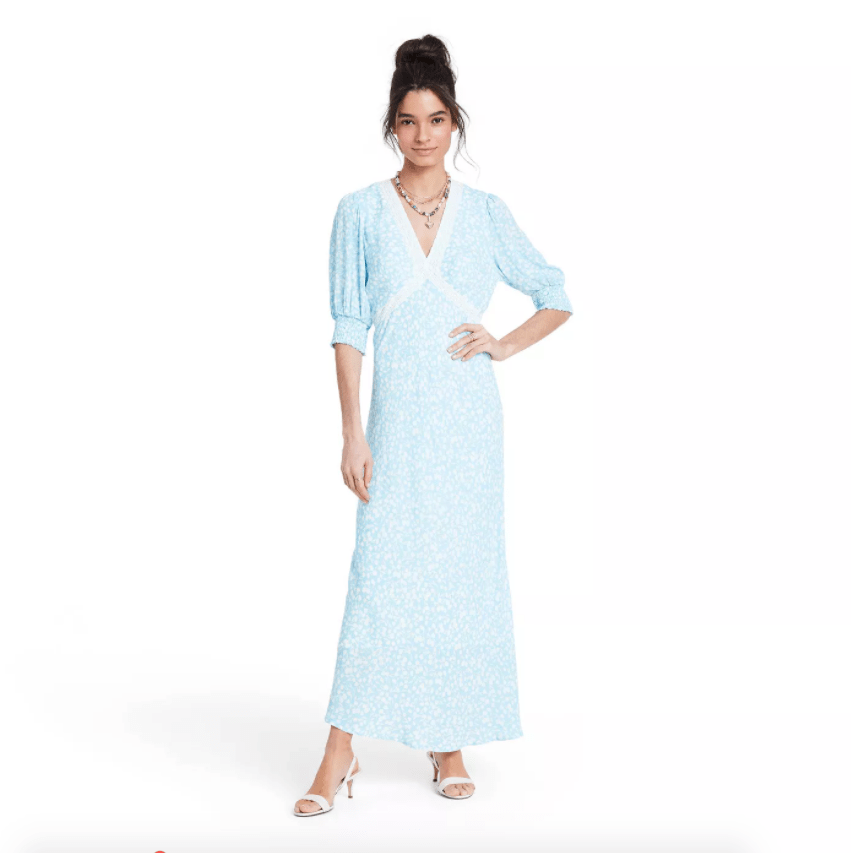 RIXO x Target + Blue Floral Puff Sleeve Lace Inset Swing Dress