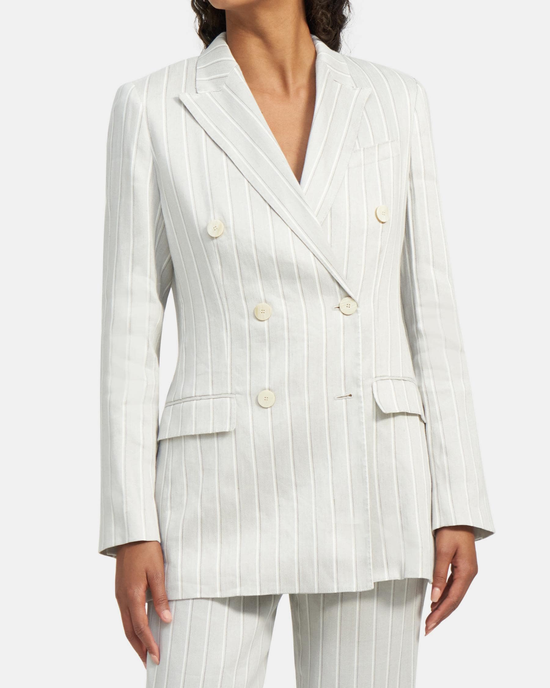 Theory + DoubleBreasted Blazer in Striped Stretch Linen