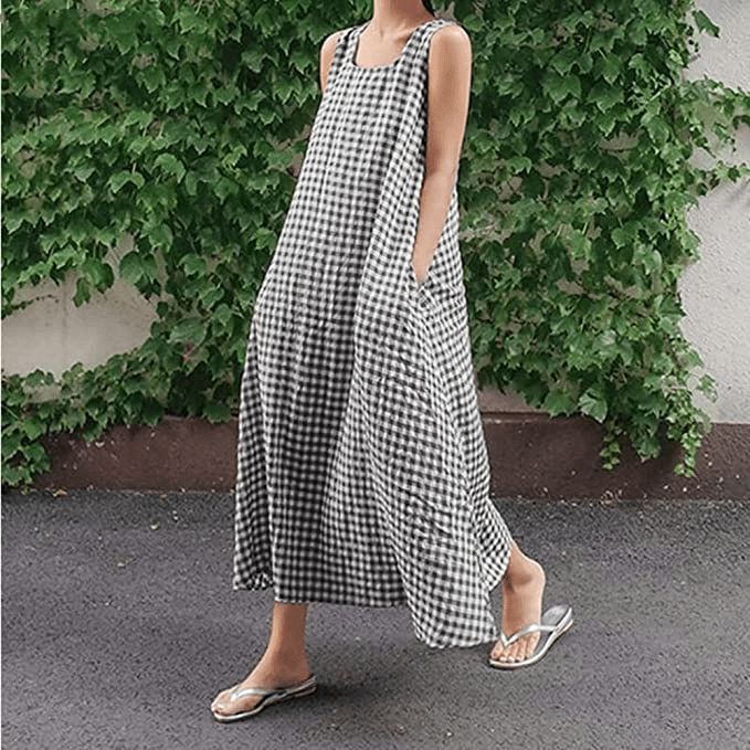 Chouyatou + Women’s Casual LooseFit Cotton and Linen Plaid Tank Maxi