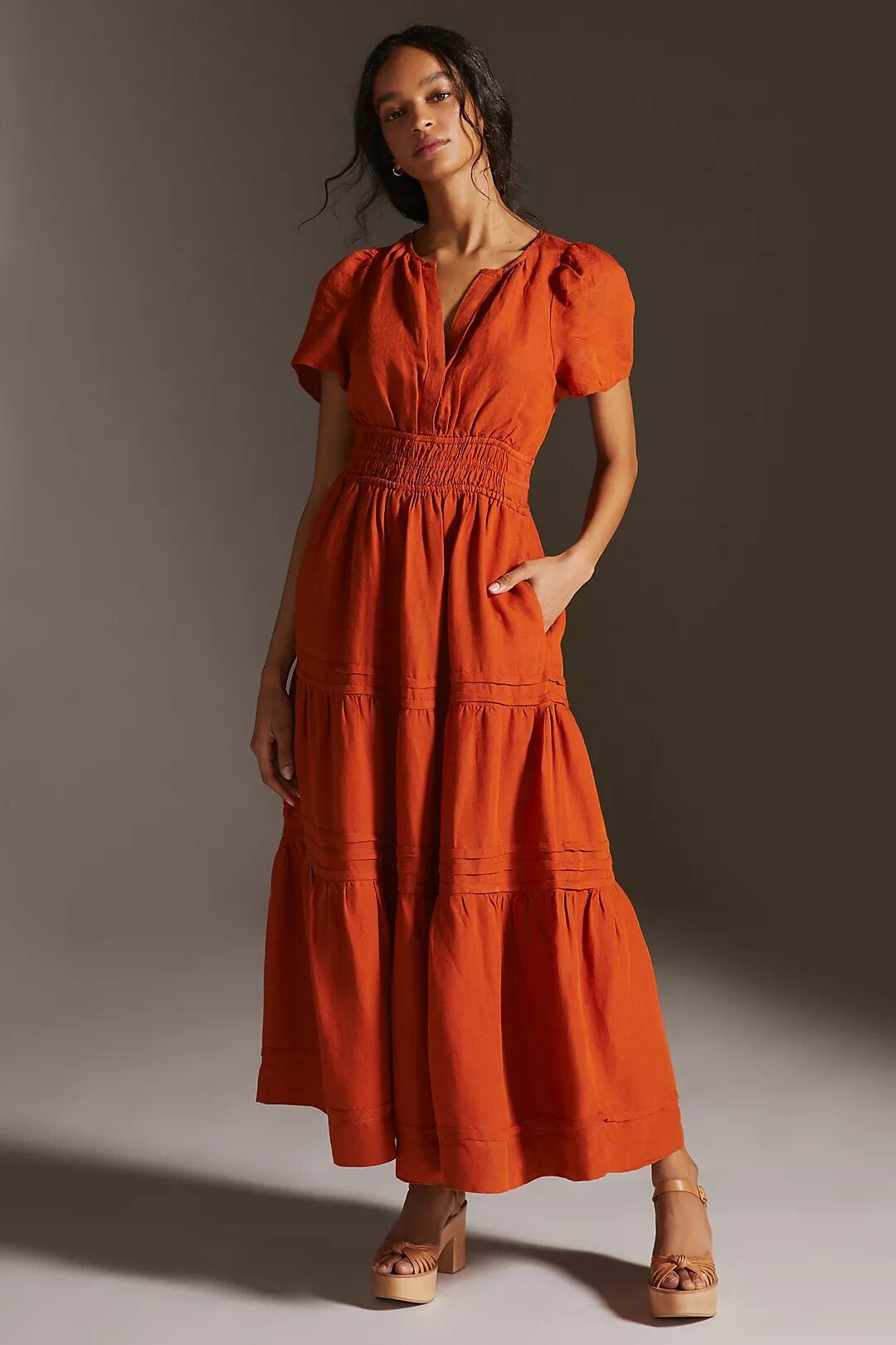 Anthropologie + The Somerset Maxi Dress Linen Edition, Red