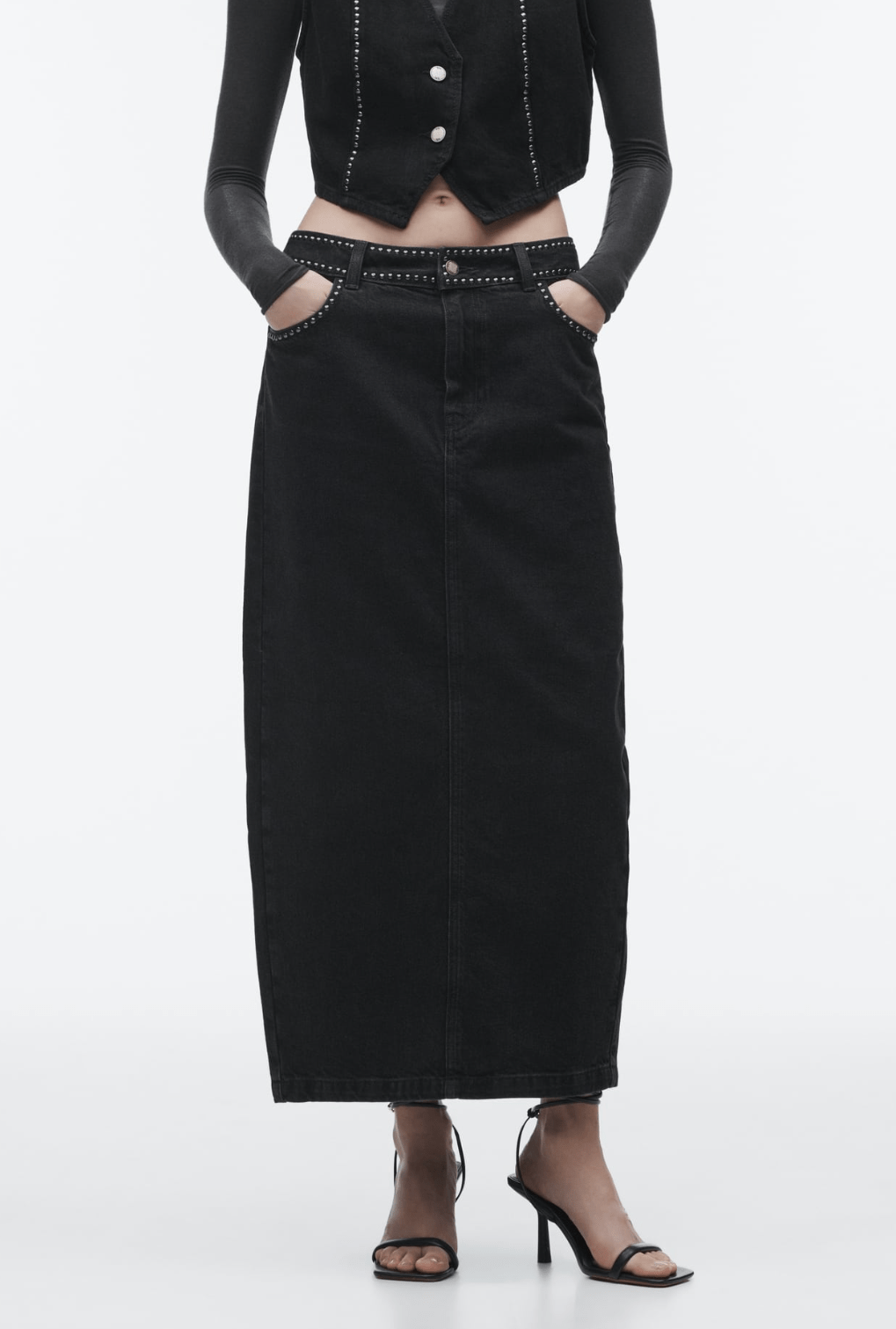 Zara + Studded Denim Skirt