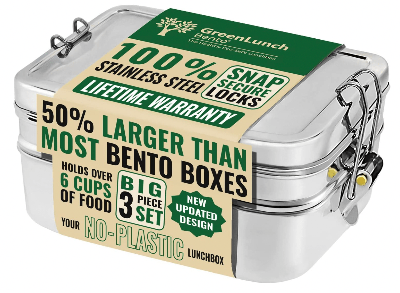 GreenLunch Bento + 3Piece Large Stainless Steel Bento Box