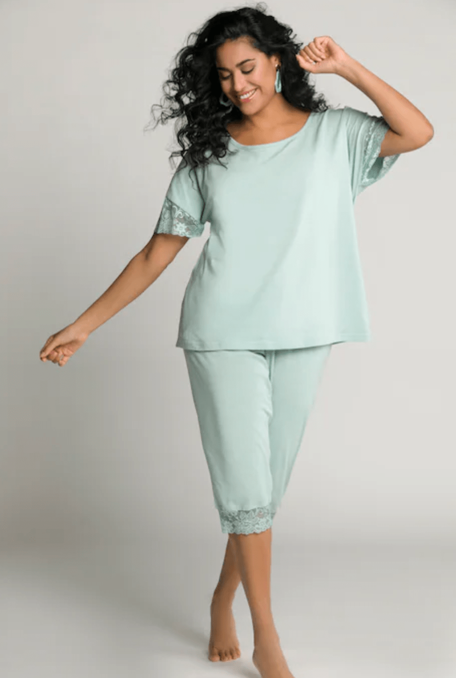 Ulla Popken + Lace Trim Stretch Cotton Knit Pajama Set