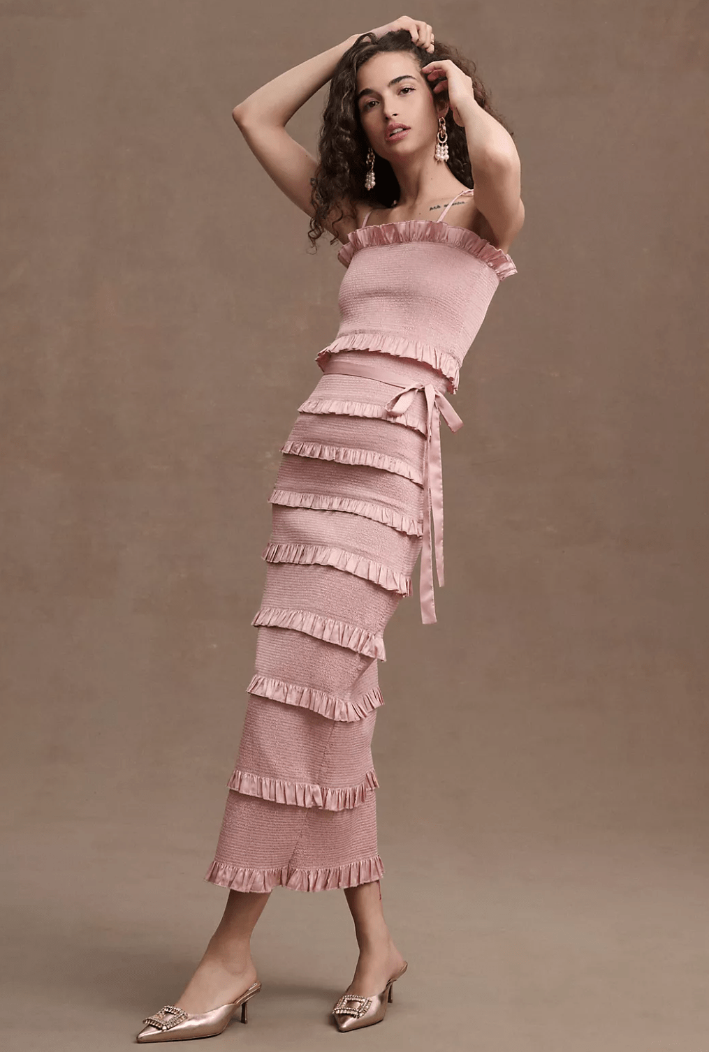 V. Chapman + Lily Ruched & Ruffled Stretch Midi Dress