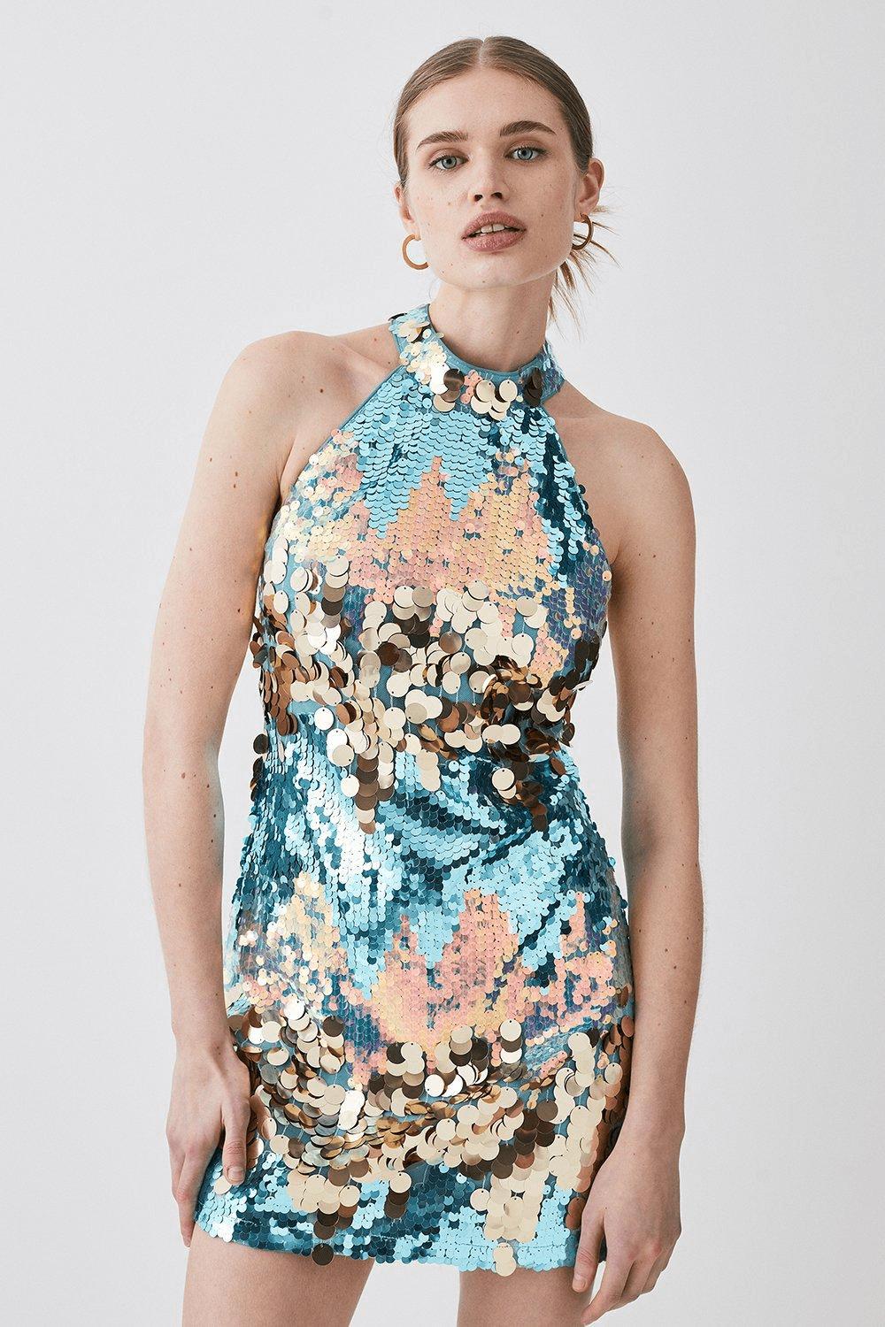 Karen Millen + Disc Sequin Halter Woven Mini Dress