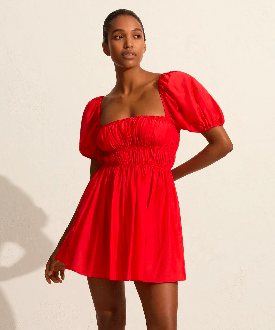 Matteau + Shirred Peasant Mini Dress