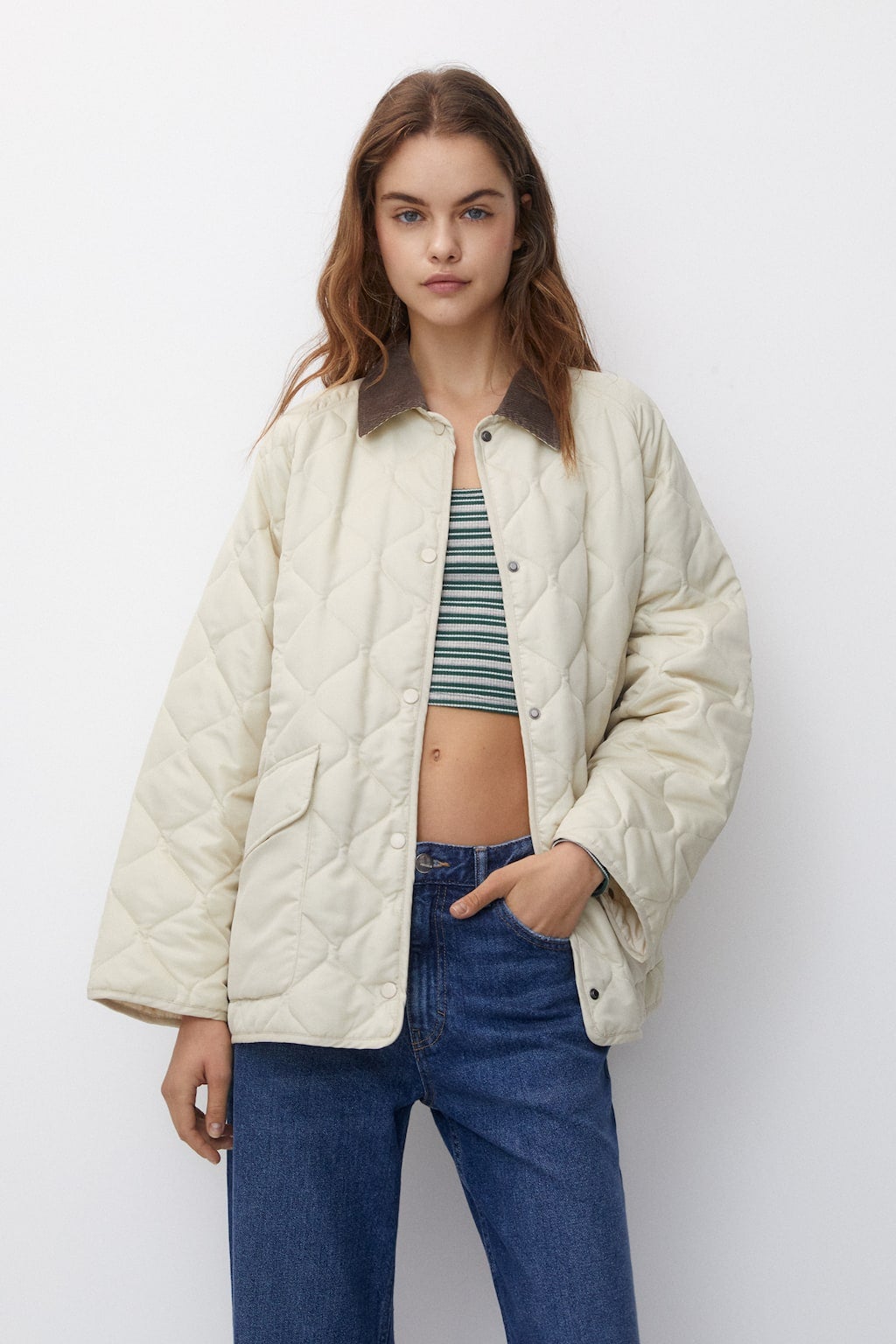 Pull & Bear + Quilted Jacket With A Corduroy Collar