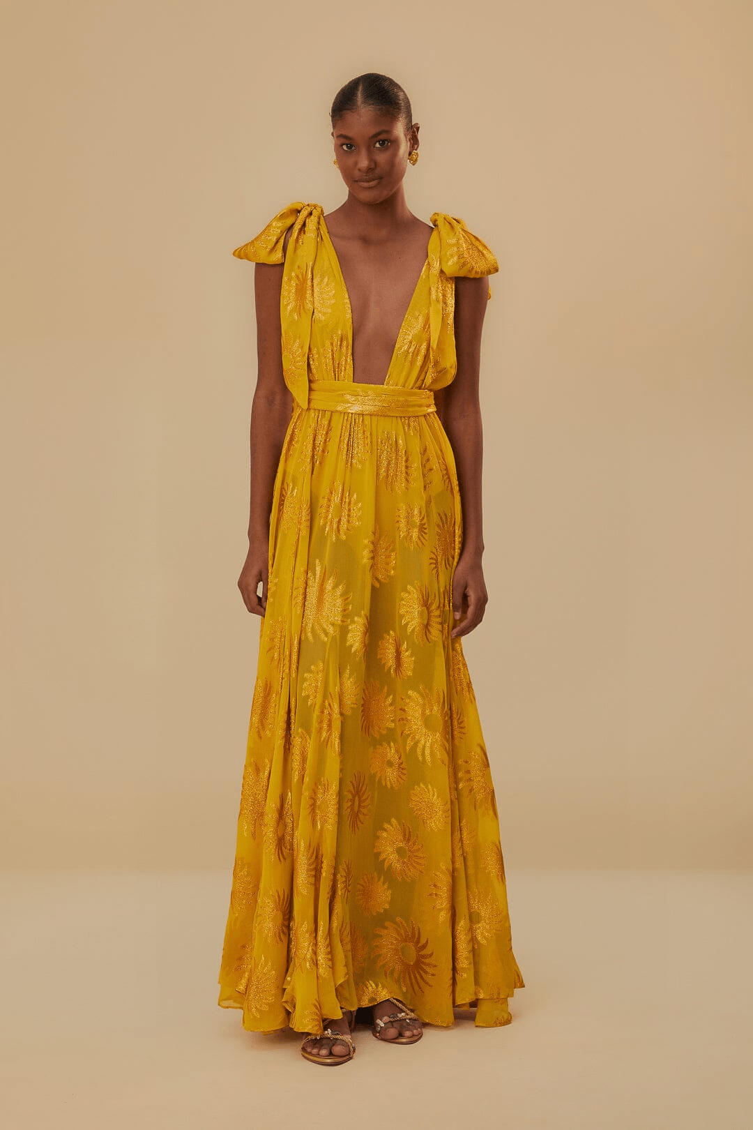 Farm Rio + Yellow Gold Sun Jacquard Maxi Dress