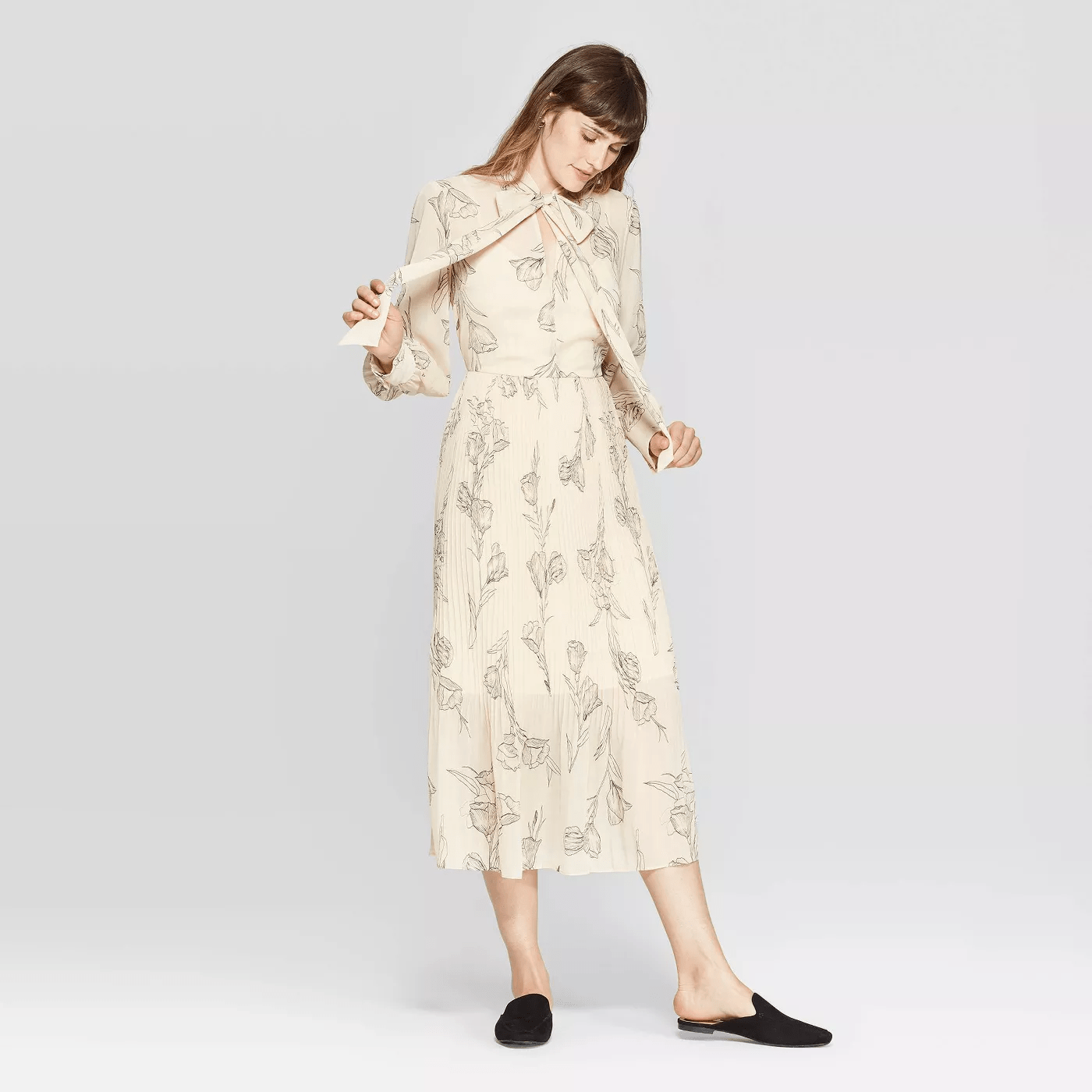 A New Day + Floral Print Long Sleeve High Neck Pleated Midi Dress