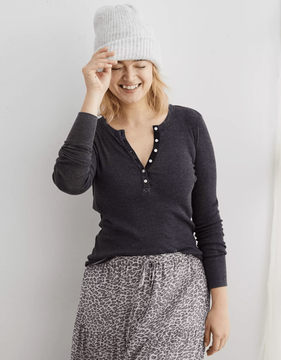 American Eagle + Long Sleeve Ribbed Henley TShirt