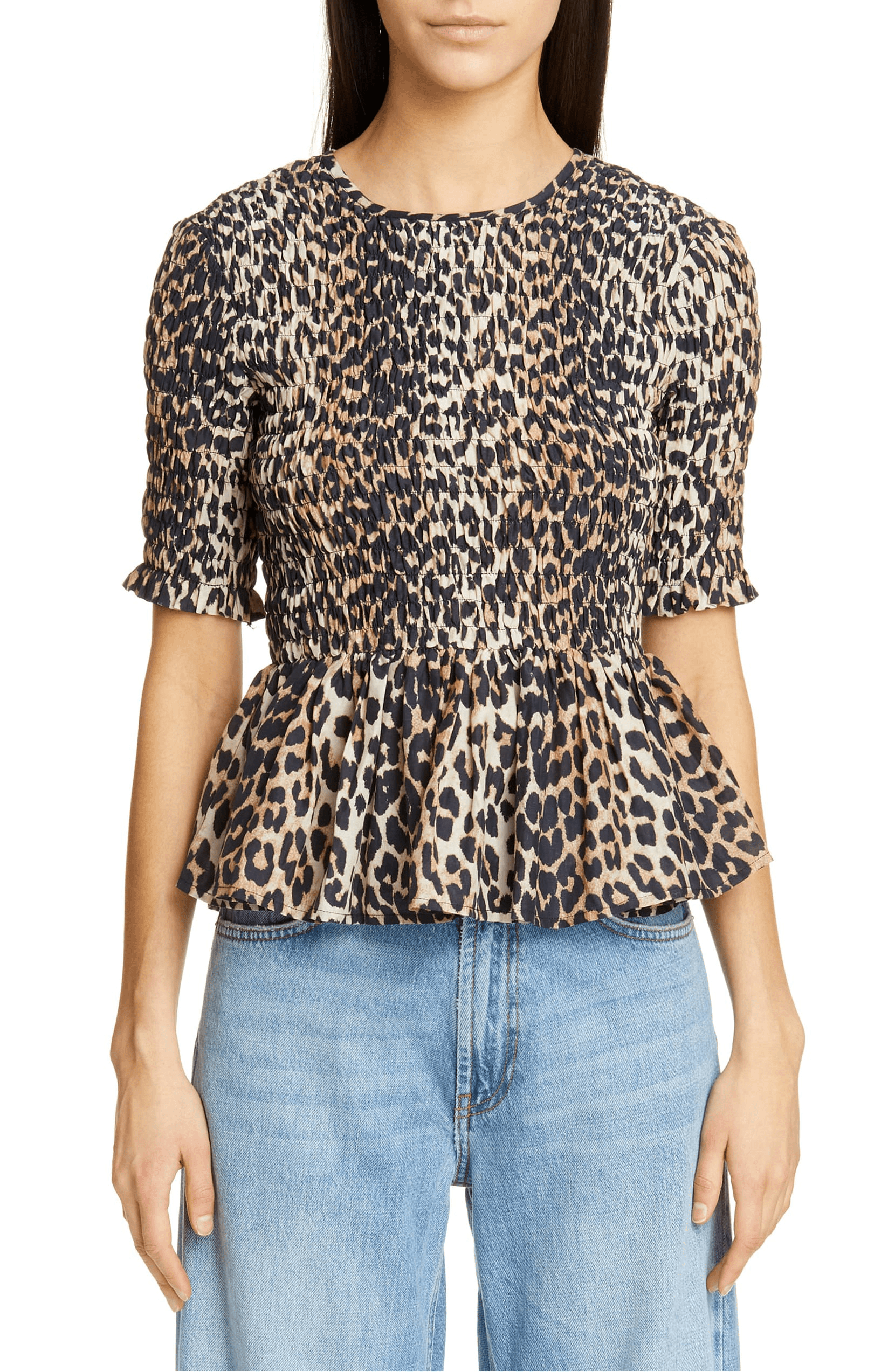 Ganni + Leopard Print Cotton & Silk Peplum Top
