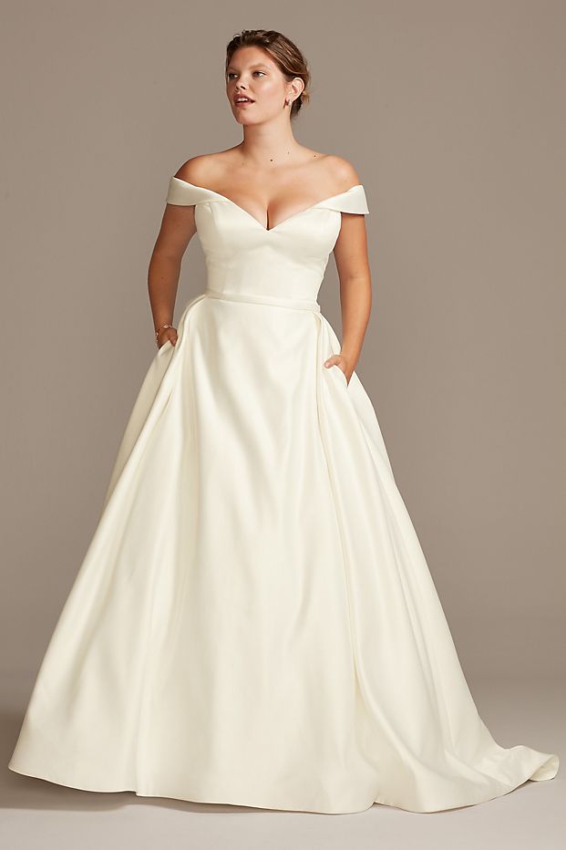 David’s Bridal + Off Shoulder Satin Gown Plus Size Wedding Dress