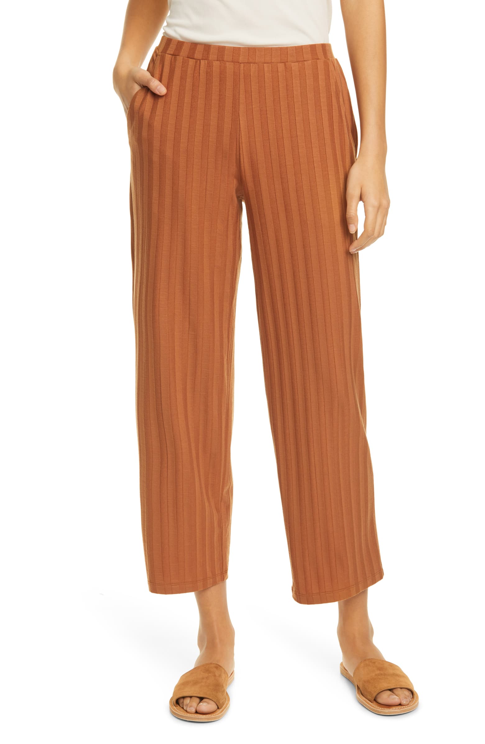 Eileen Fisher + Ribbed Knit Straight Leg Ankle Pants