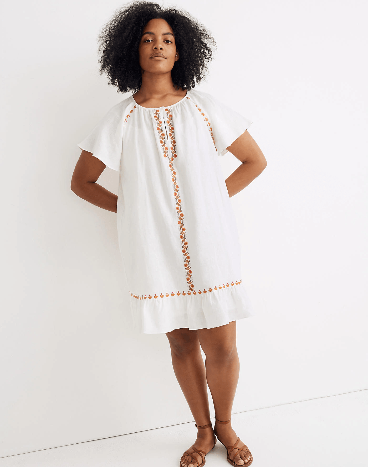 Madewell + Embroidered LinenBlend Raglan Ruffle Mini Dress