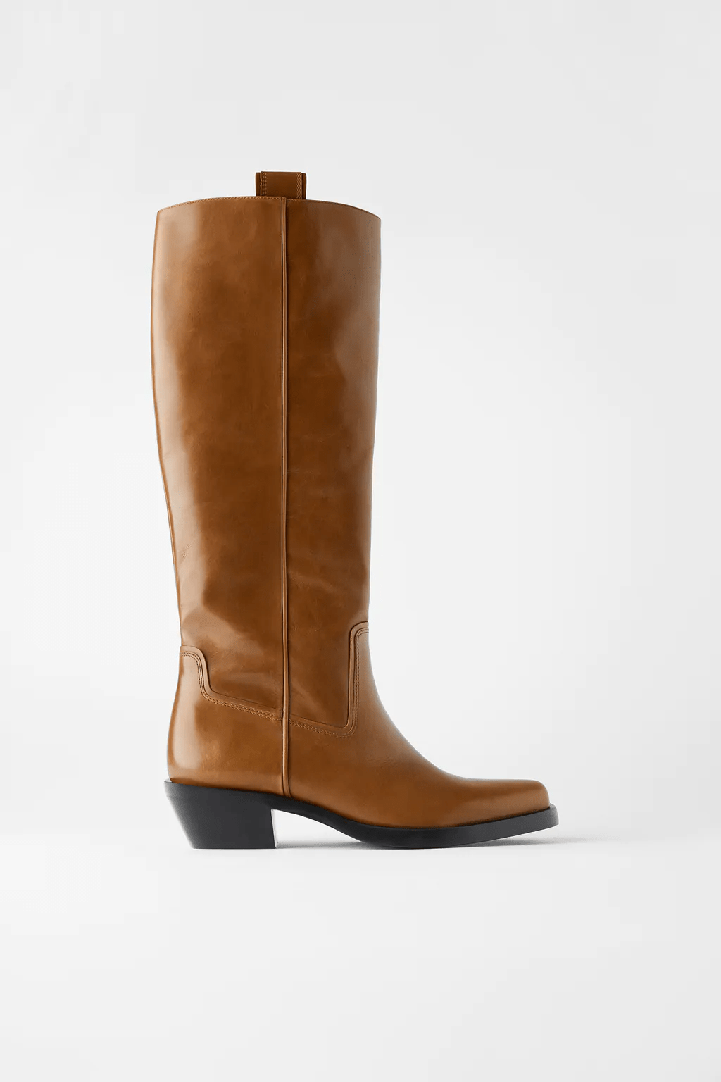 Zara + Heeled Leather Square Toe Cowboy Boots