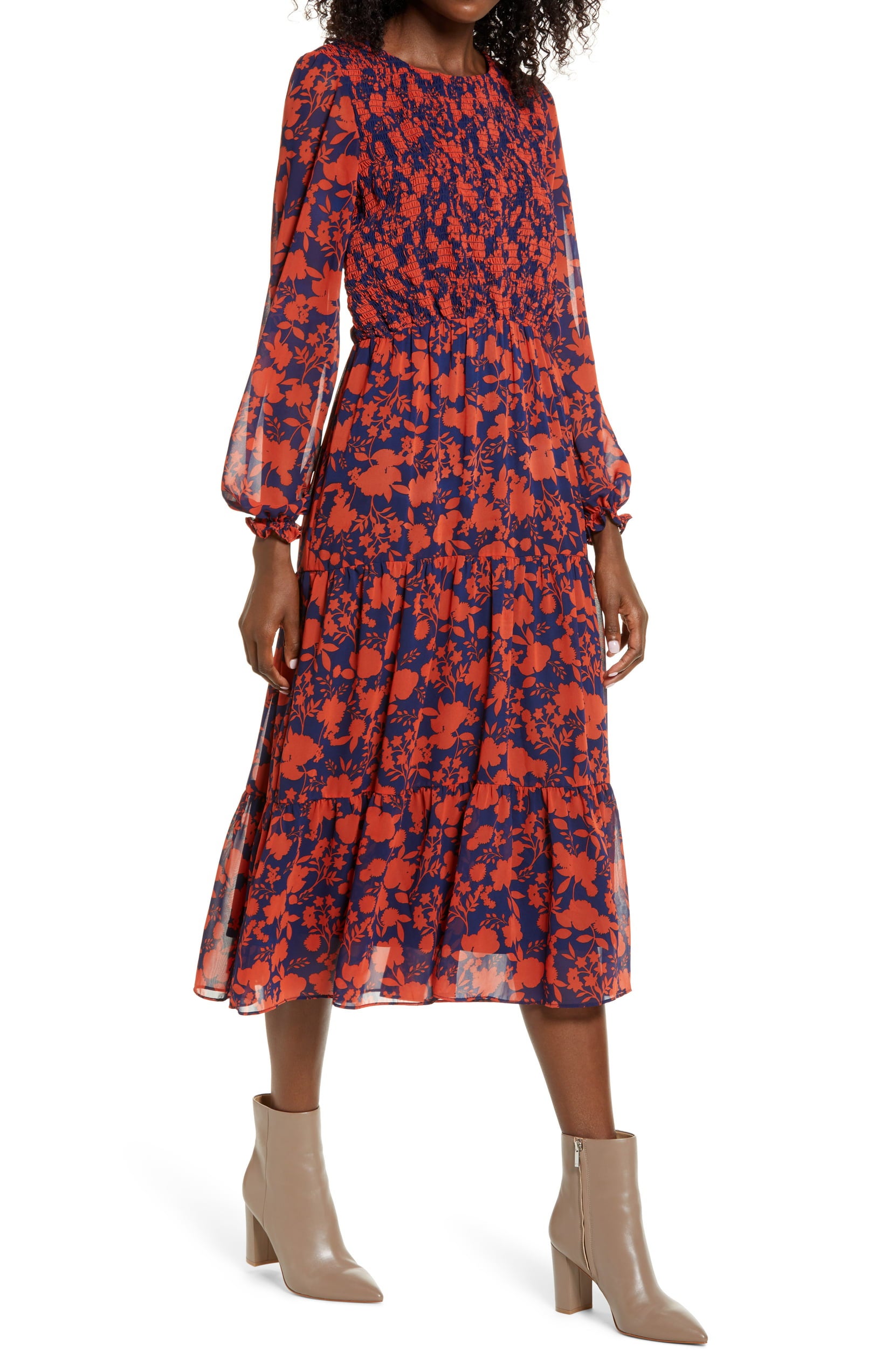 Julia Jordan + Floral Long Sleeve Chiffon Midi Dress